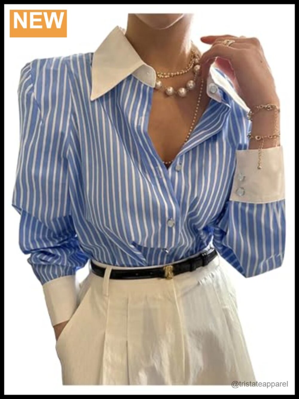 Women's Striped Puff Long Sleeve Button Down Shirt Collared Blouse Office
